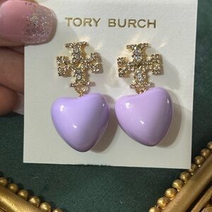 Tory Burch Lavender Heart Earrings with Gold Accents